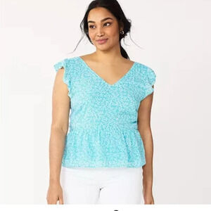 NWT Draper James RSVP Peplum Hem Top, Blue Floral, Size XS